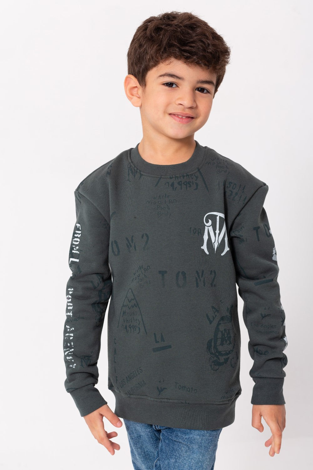 Boy's Rounded Neck Padded With Unqiue Modern Front Pattern & Printed Sleeve Sweatshirt