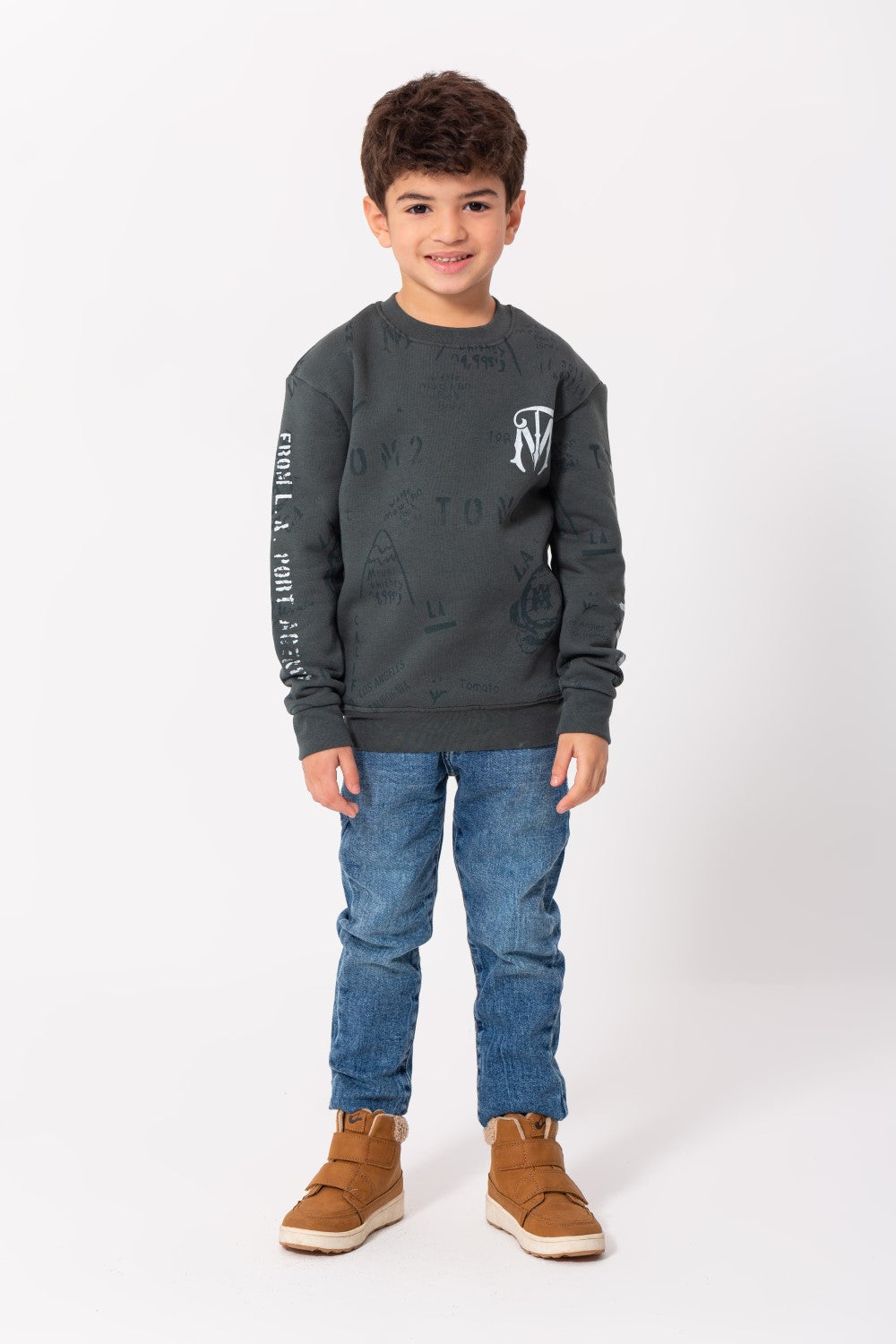 Boy's Rounded Neck Padded With Unqiue Modern Front Pattern & Printed Sleeve Sweatshirt