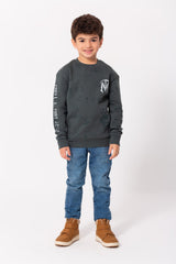 Boy's Rounded Neck Padded With Unqiue Modern Front Pattern & Printed Sleeve Sweatshirt