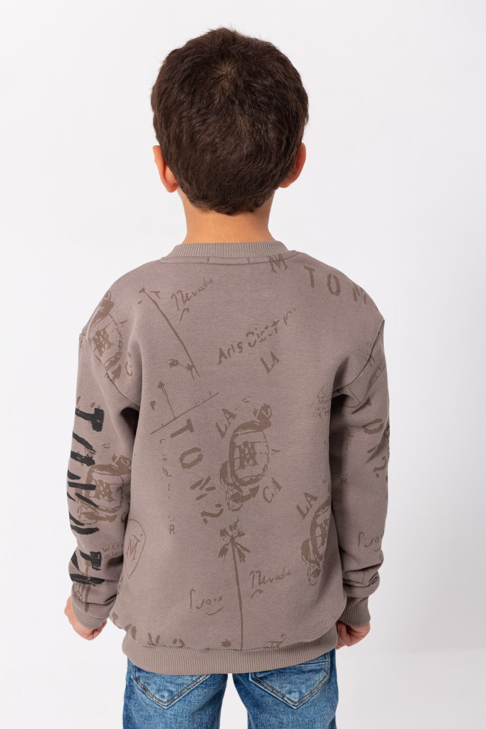 Boy's Rounded Neck Padded With Unqiue Modern Front Pattern & Printed Sleeve Sweatshirt