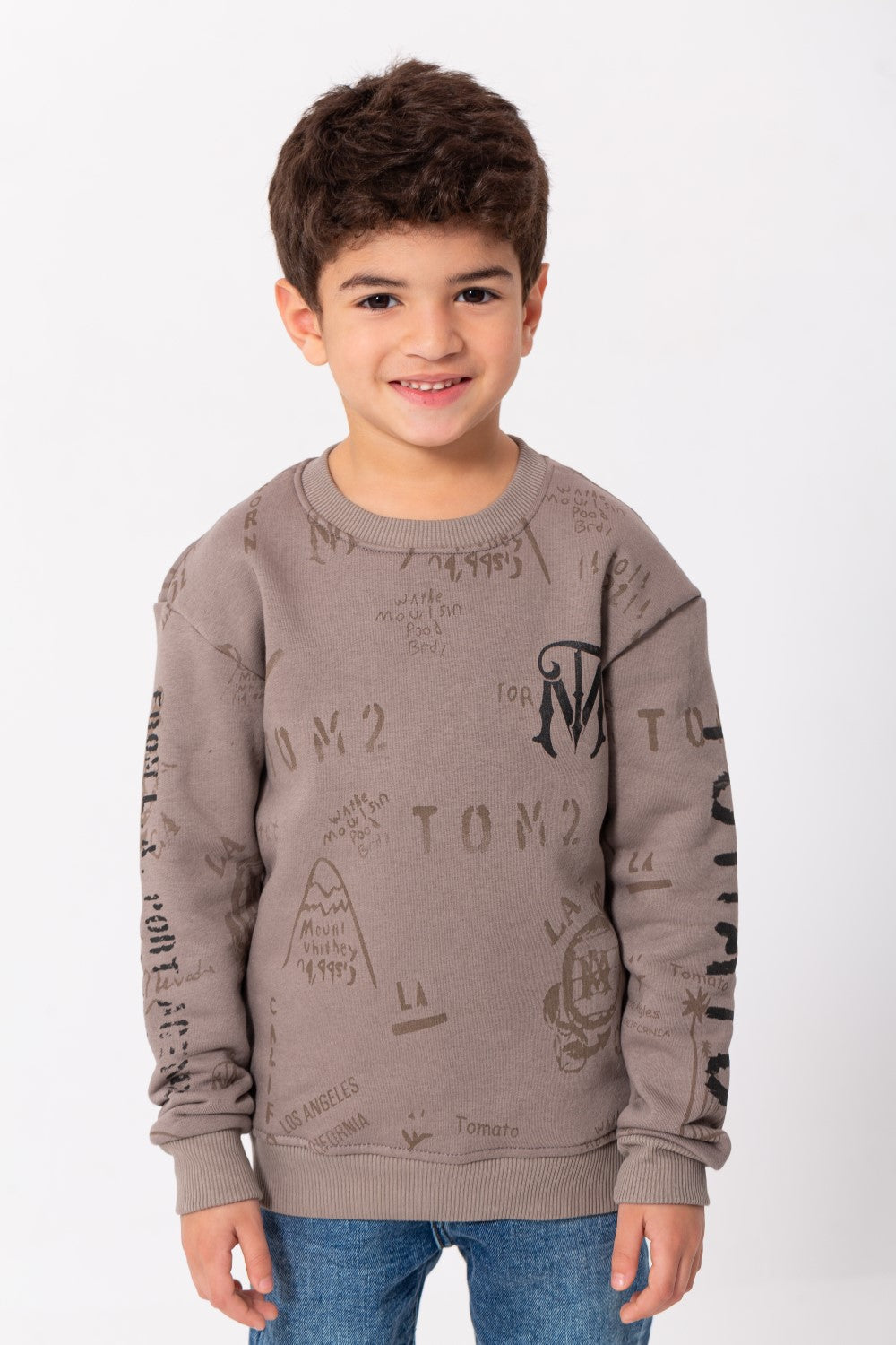 Boy's Rounded Neck Padded With Unqiue Modern Front Pattern & Printed Sleeve Sweatshirt