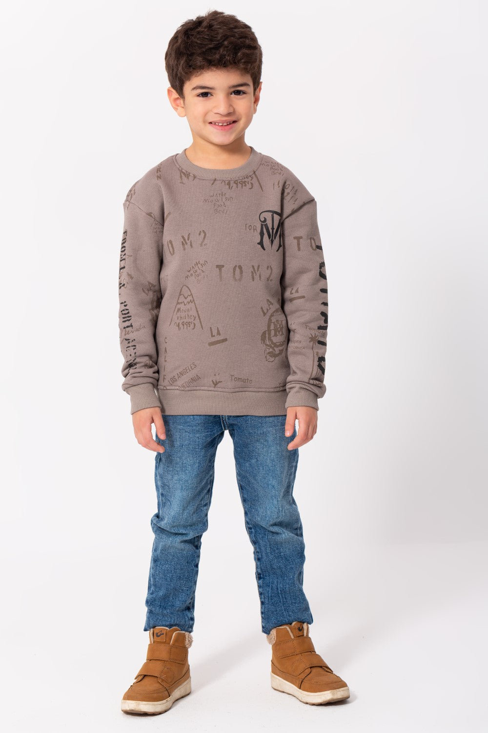 Boy's Rounded Neck Padded With Unqiue Modern Front Pattern & Printed Sleeve Sweatshirt