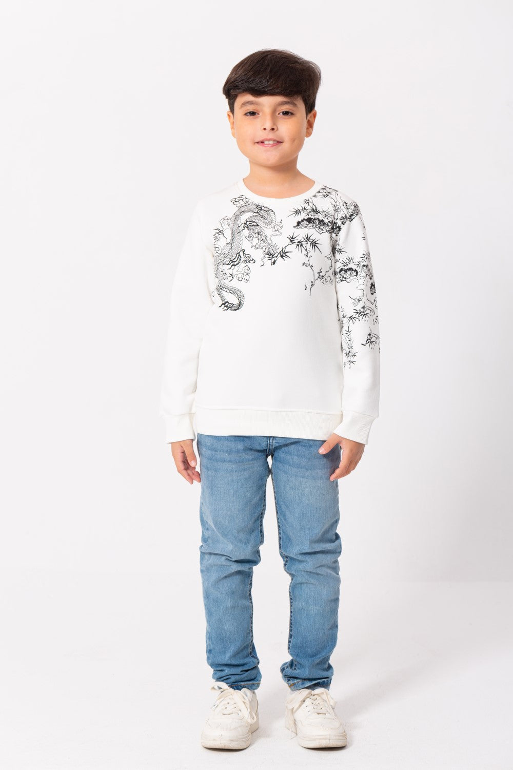 Boy's Rounded Neck Padded With Unqiue Modern Front & Back Printed Sweatshirt