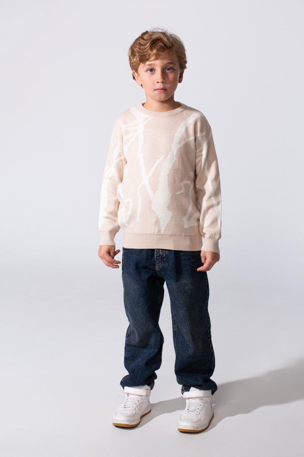 Boy's Printed Slim Fit Pullover With A Round Neck And Long Sleeves