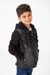 Boy's Back Text Print Denim Jacket With Melton Sleeves & Hood