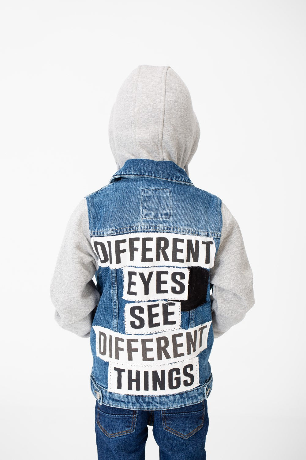 Boy's Back Text Print Denim Jacket With Melton Sleeves & Hood