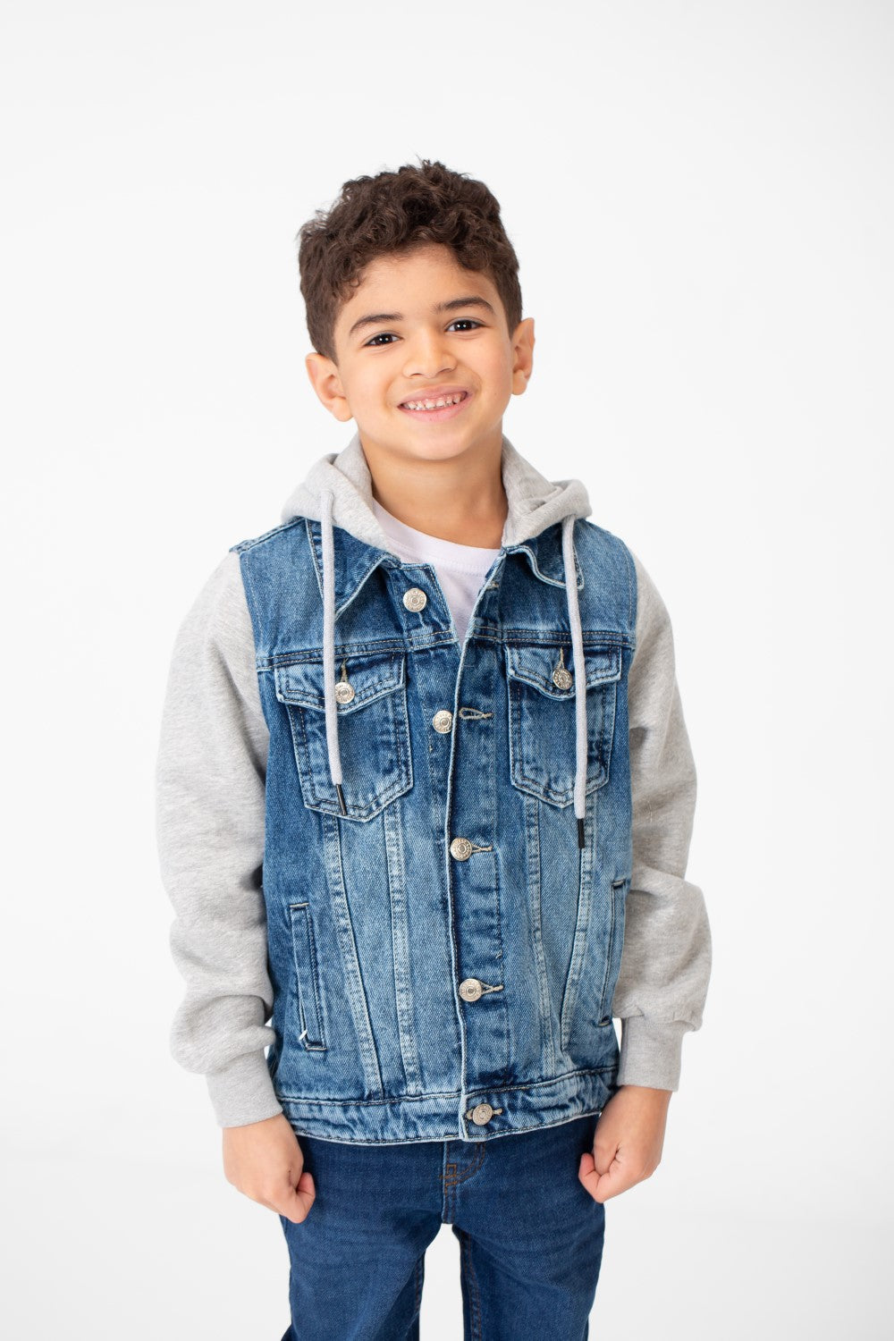 Boy's Back Text Print Denim Jacket With Melton Sleeves & Hood