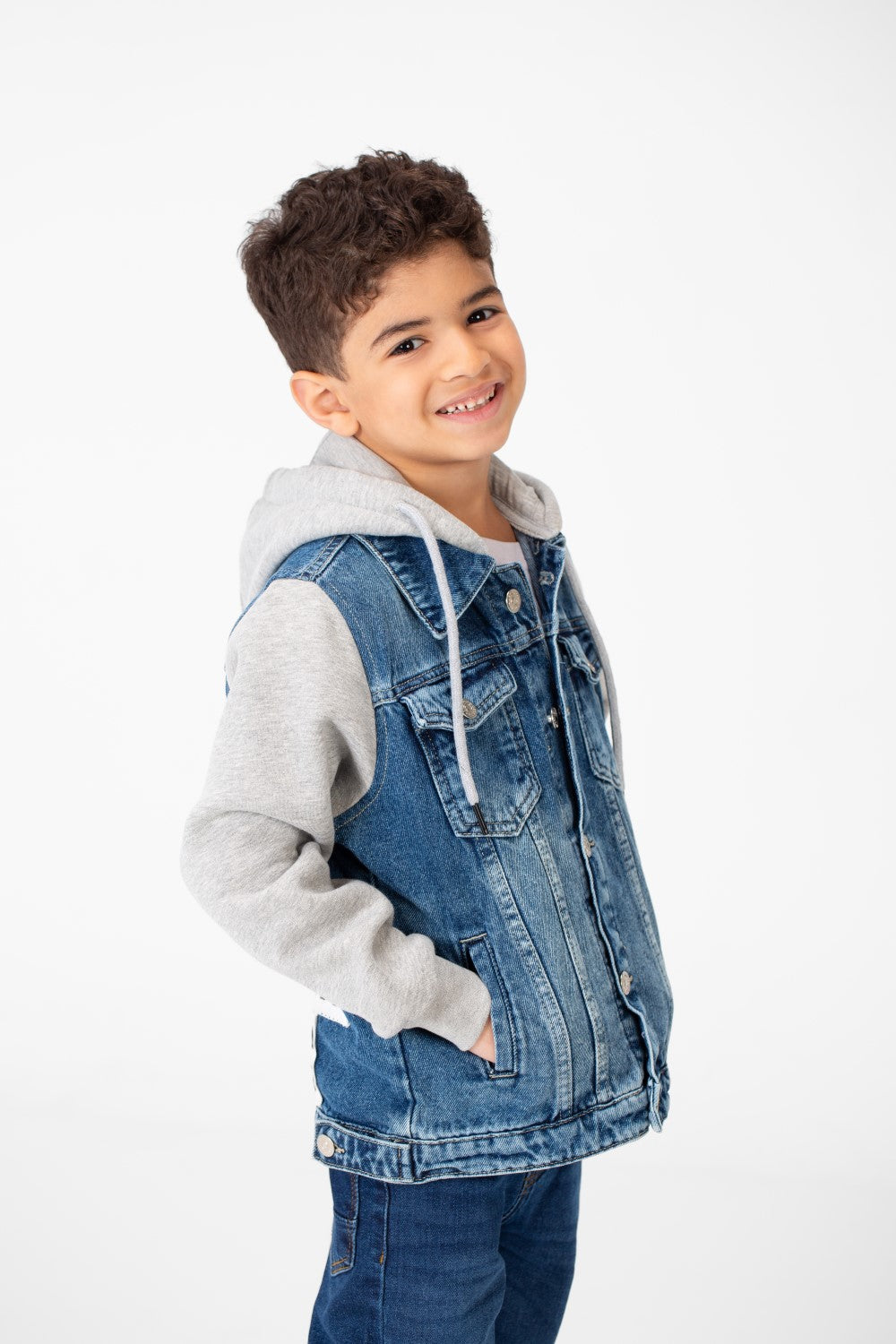 Boy's Back Text Print Denim Jacket With Melton Sleeves & Hood