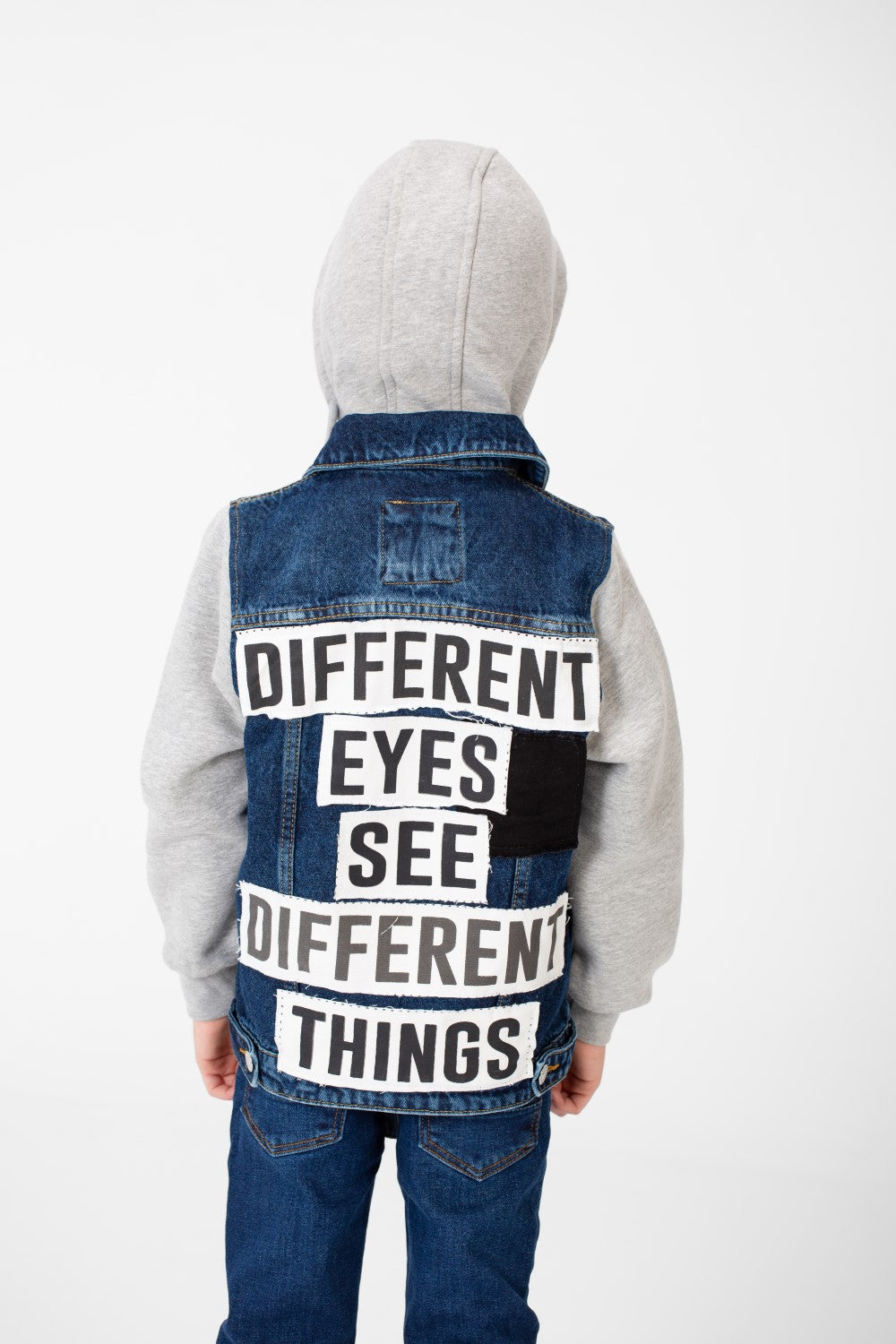 Boy's Back Text Print Denim Jacket With Melton Sleeves & Hood