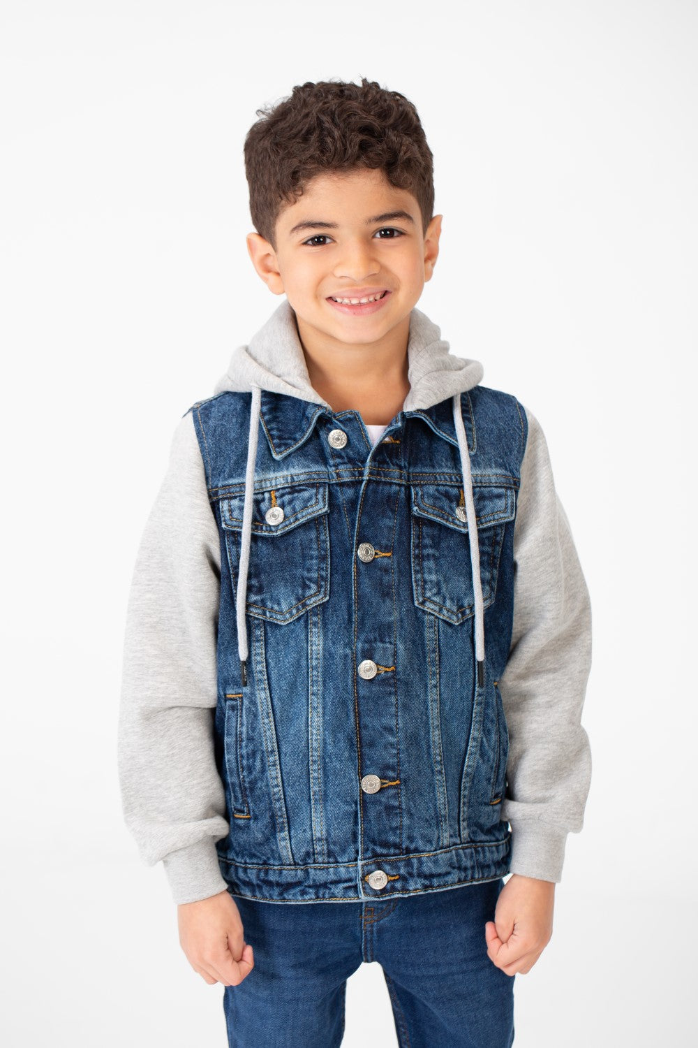 Boy's Back Text Print Denim Jacket With Melton Sleeves & Hood
