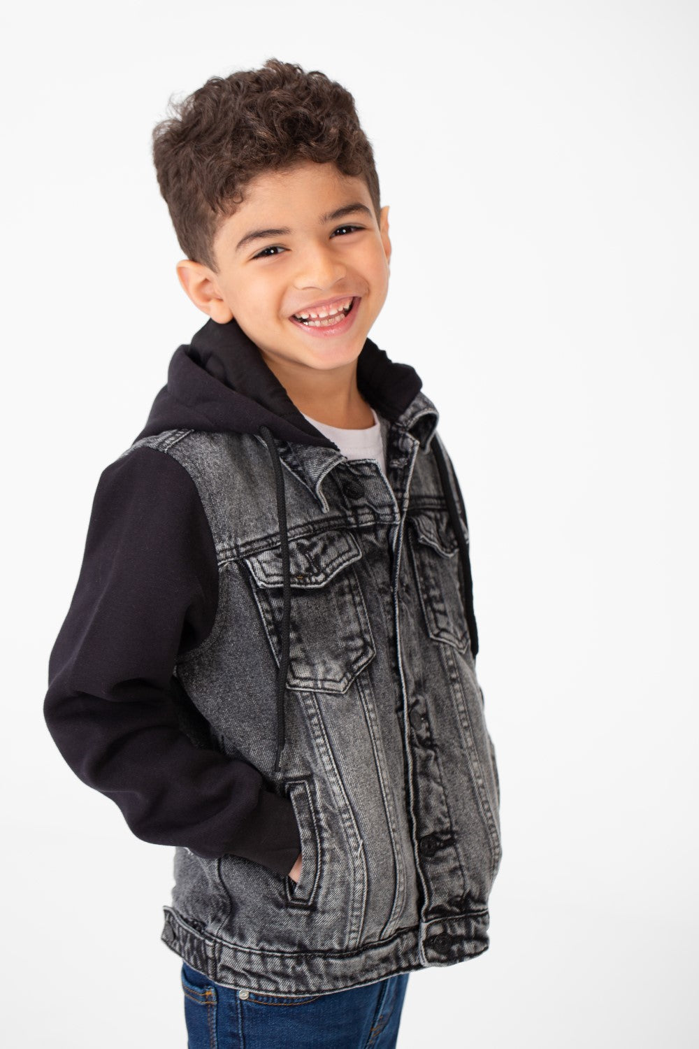 Boy's Back Text Print Denim Jacket With Melton Sleeves & Hood