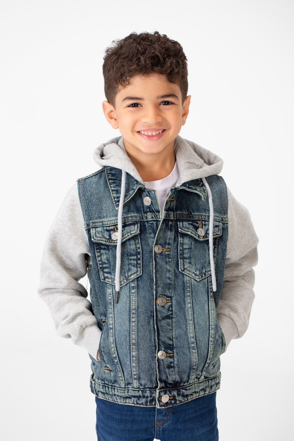 Boy's Back Text Print Denim Jacket With Melton Sleeves & Hood