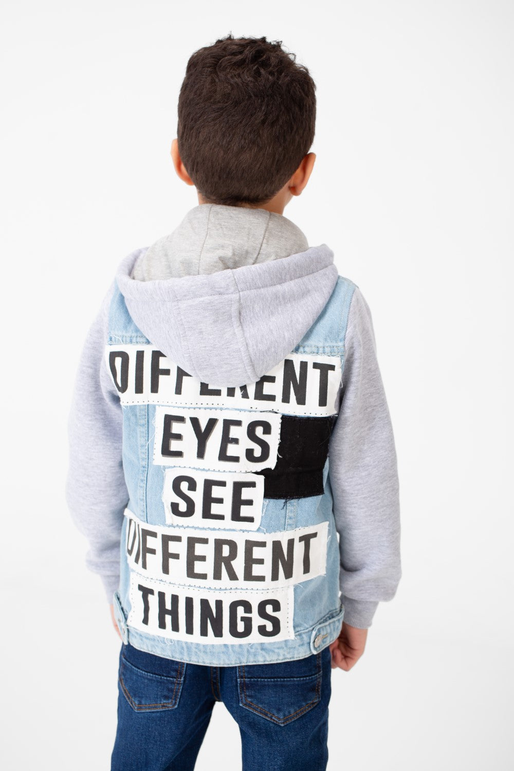 Boy's Back Text Print Denim Jacket With Melton Sleeves & Hood