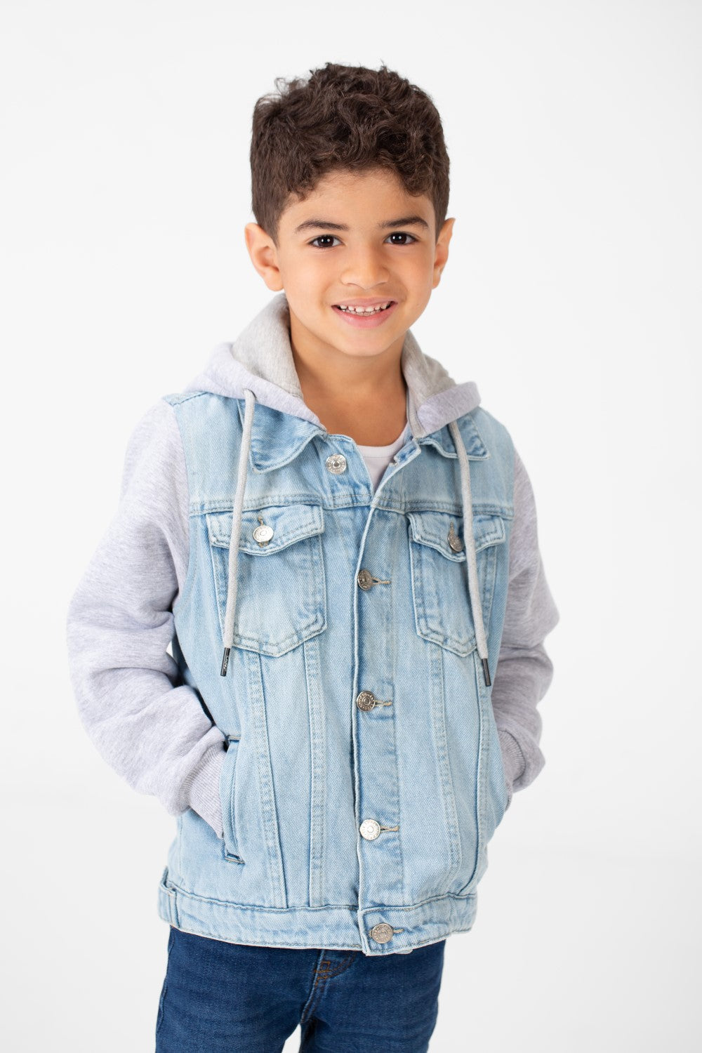Boy's Back Text Print Denim Jacket With Melton Sleeves & Hood