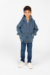 Boy's Denim Hood Jacket With Full Zipper And Pockets