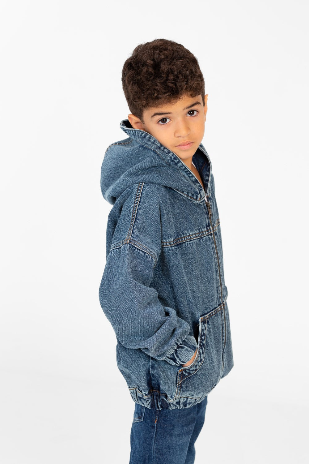 Boy's Denim Hood Jacket With Full Zipper And Pockets