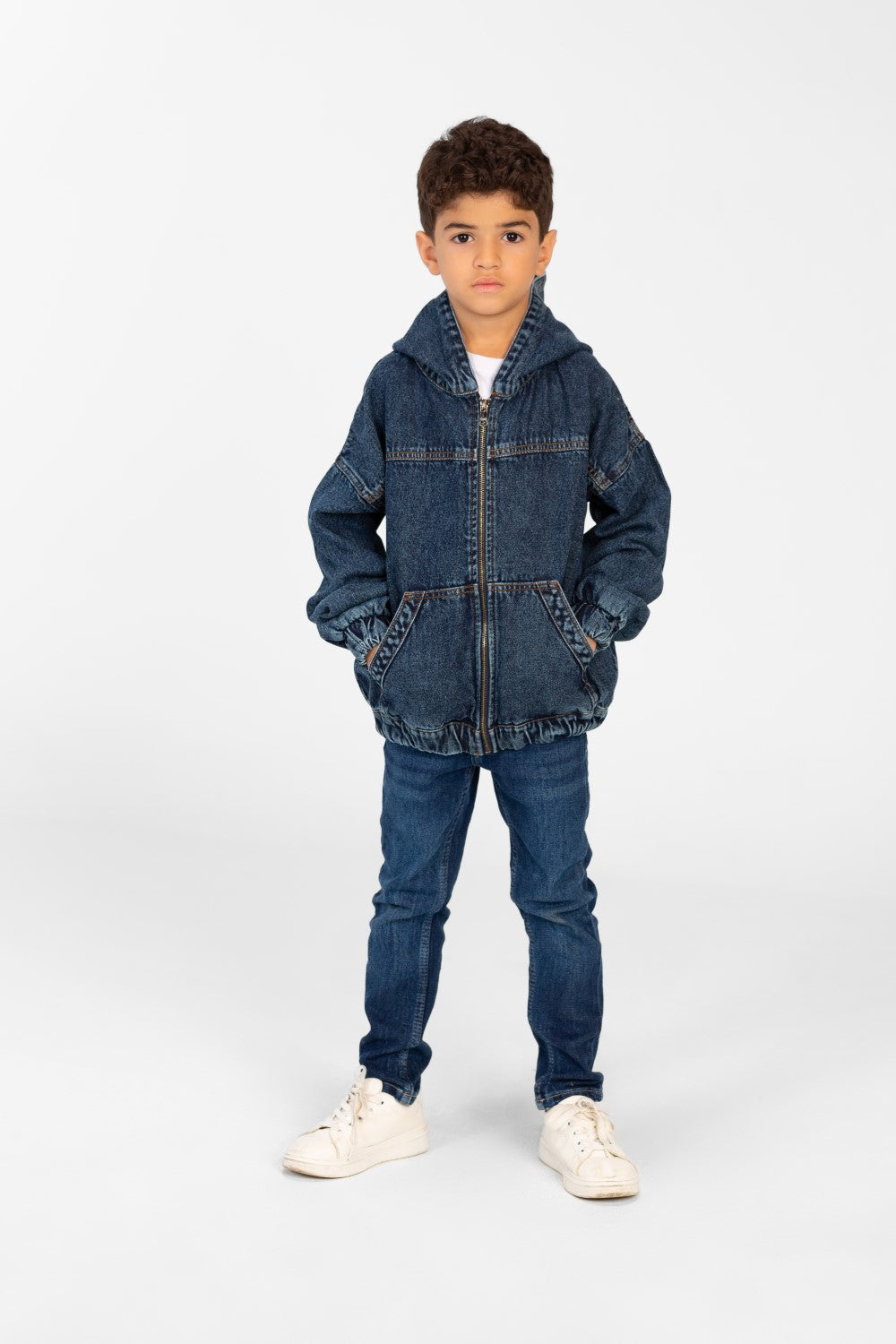 Boy's Denim Hood Jacket With Full Zipper And Pockets