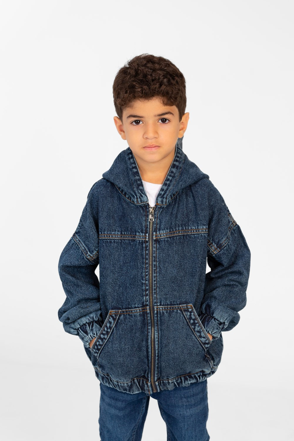 Boy's Denim Hood Jacket With Full Zipper And Pockets