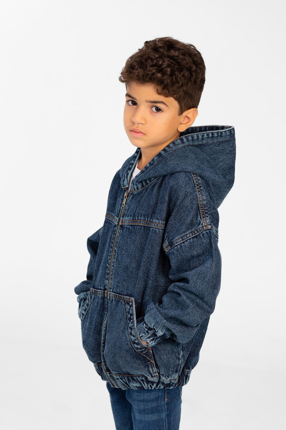 Boy's Denim Hood Jacket With Full Zipper And Pockets