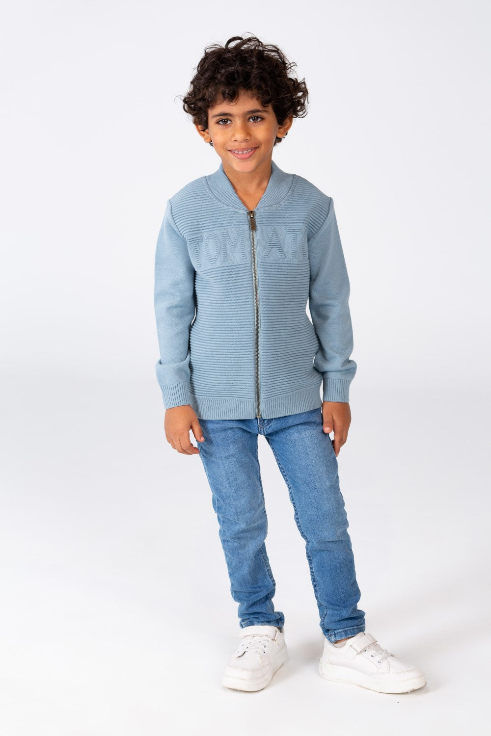 Boy's Round Neck Pullover With Tomato Print And A Zipper On The Front