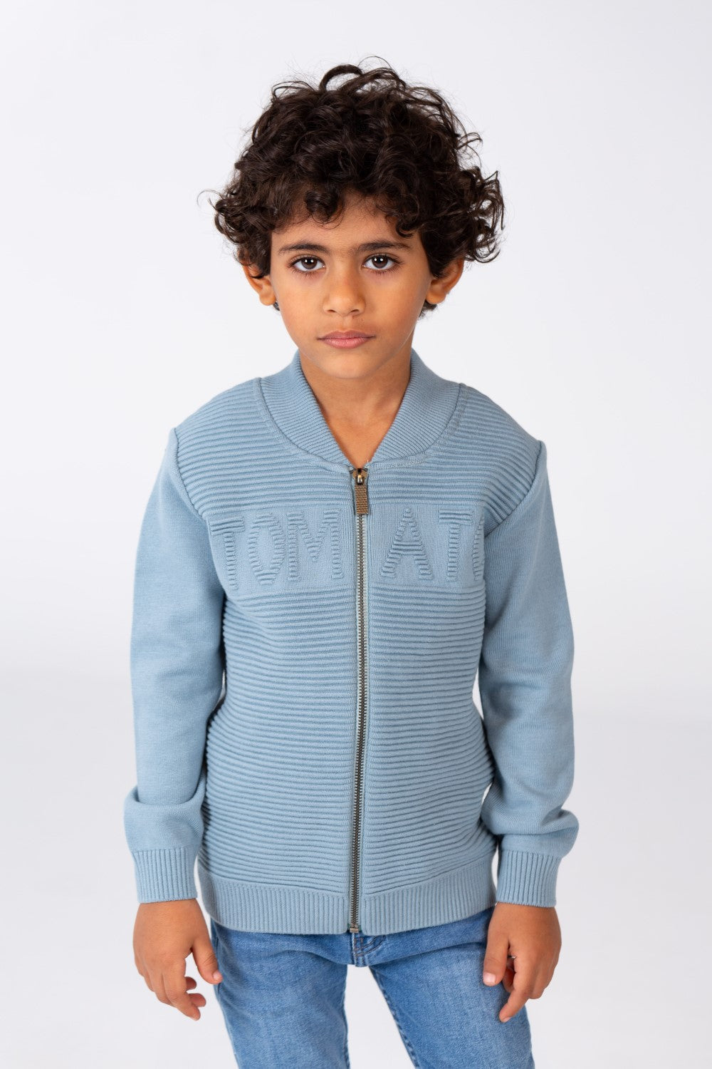 Boy's Round Neck Pullover With Tomato Print And A Zipper On The Front