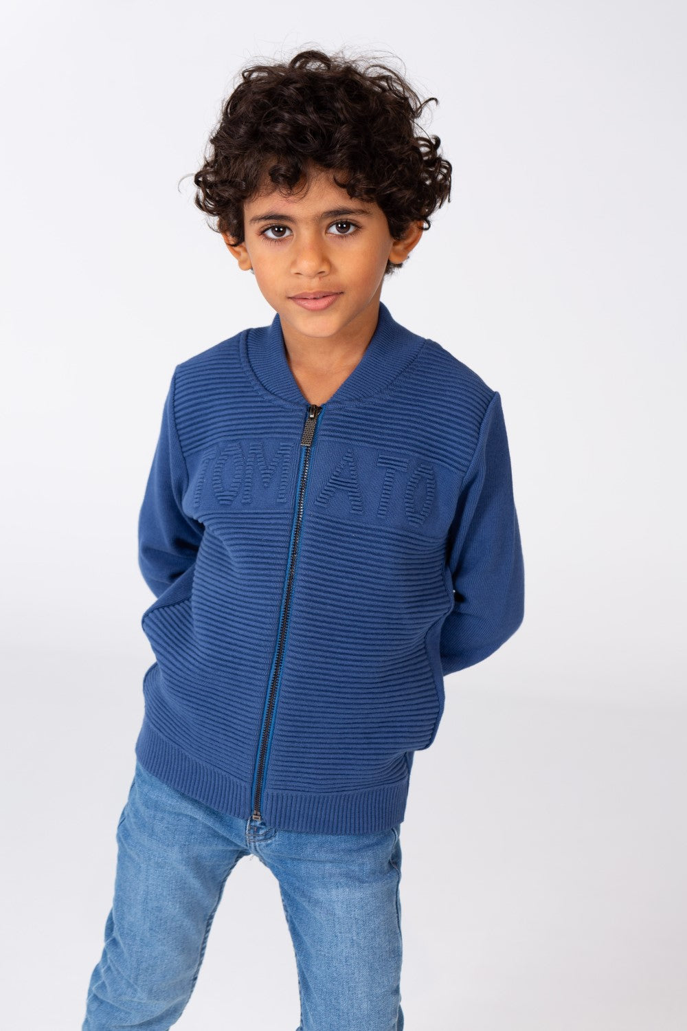 Boy's Round Neck Pullover With Tomato Print And A Zipper On The Front