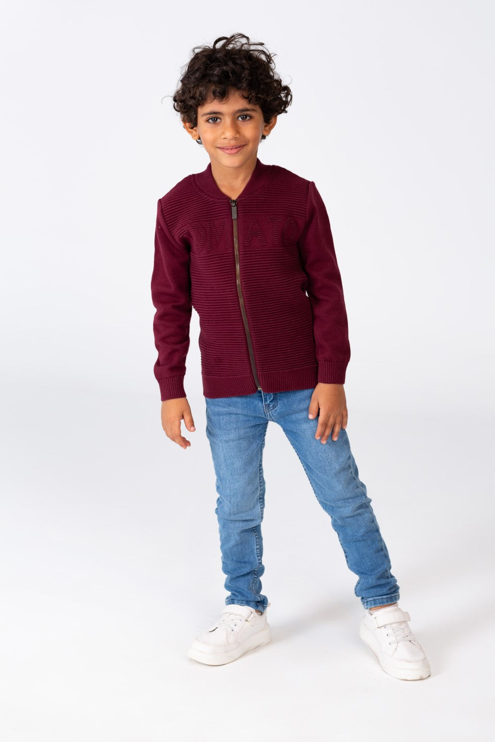 Boy's Round Neck Pullover With Tomato Print And A Zipper On The Front