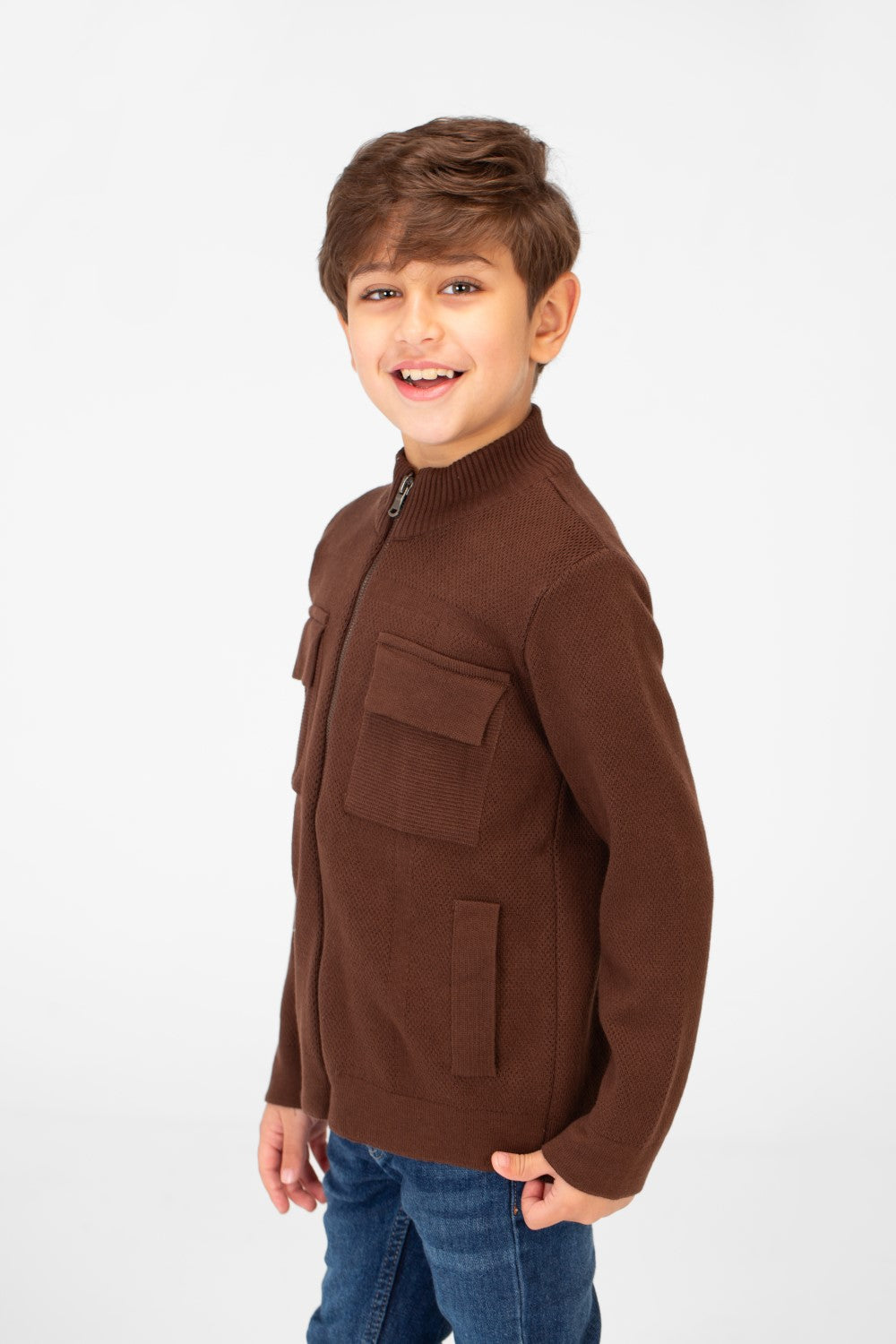 Boy's Cotton Pullover With Full Zip Closure And Pockets