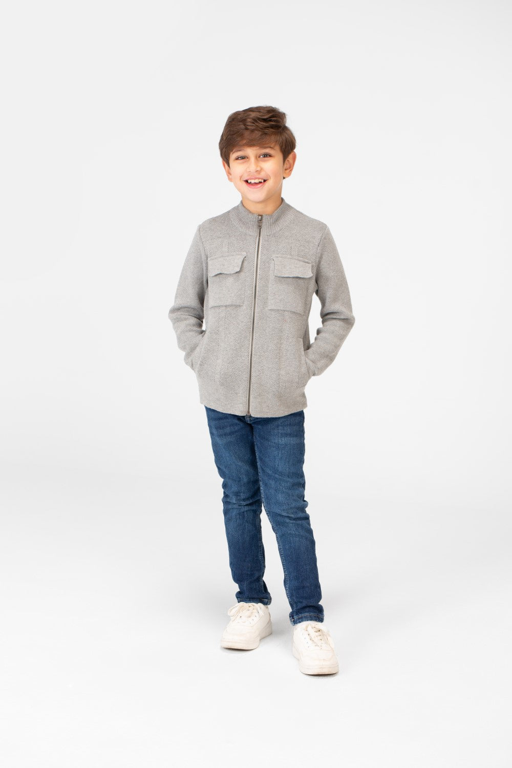 Boy's Cotton Pullover With Full Zip Closure And Pockets
