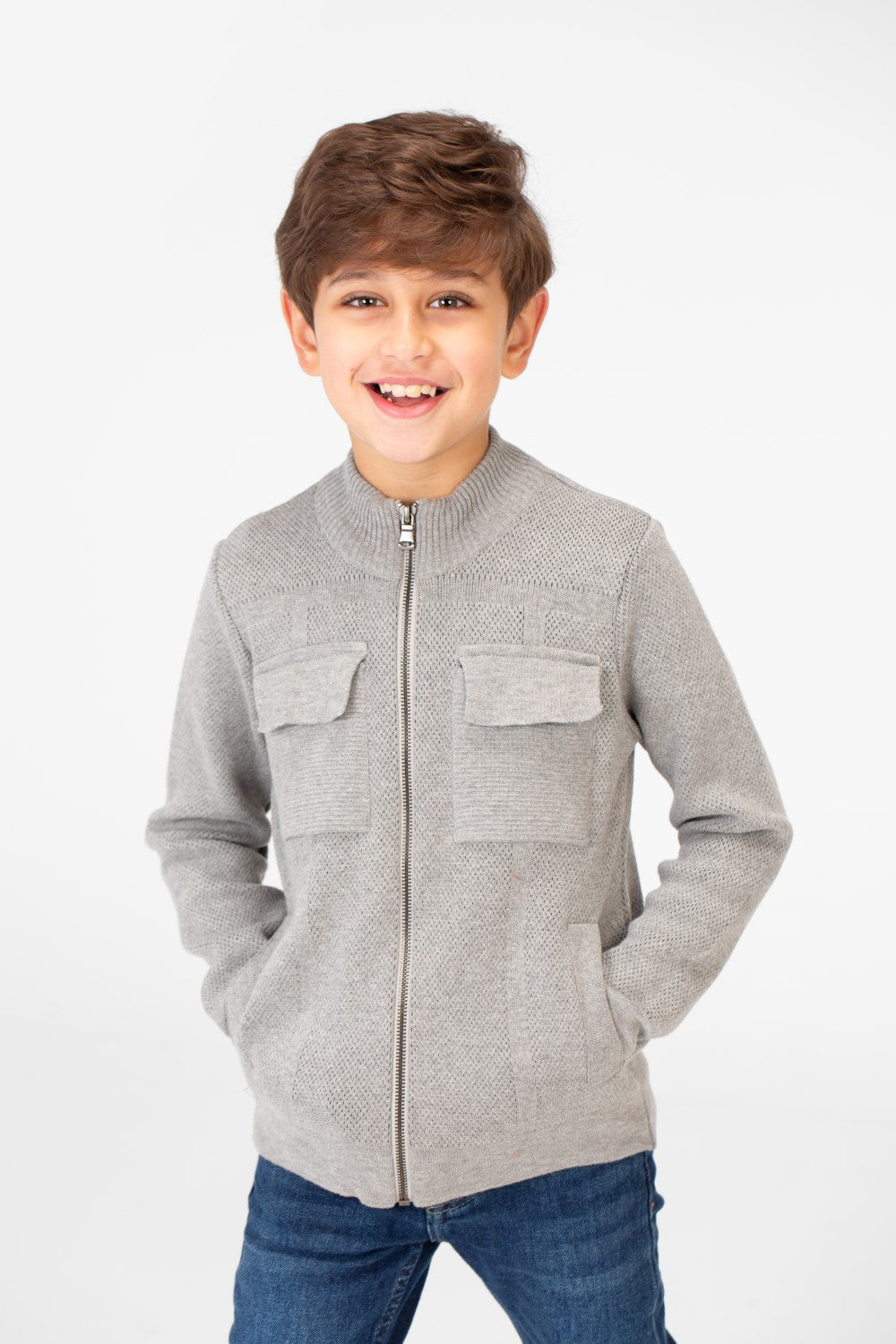 Boy's Cotton Pullover With Full Zip Closure And Pockets
