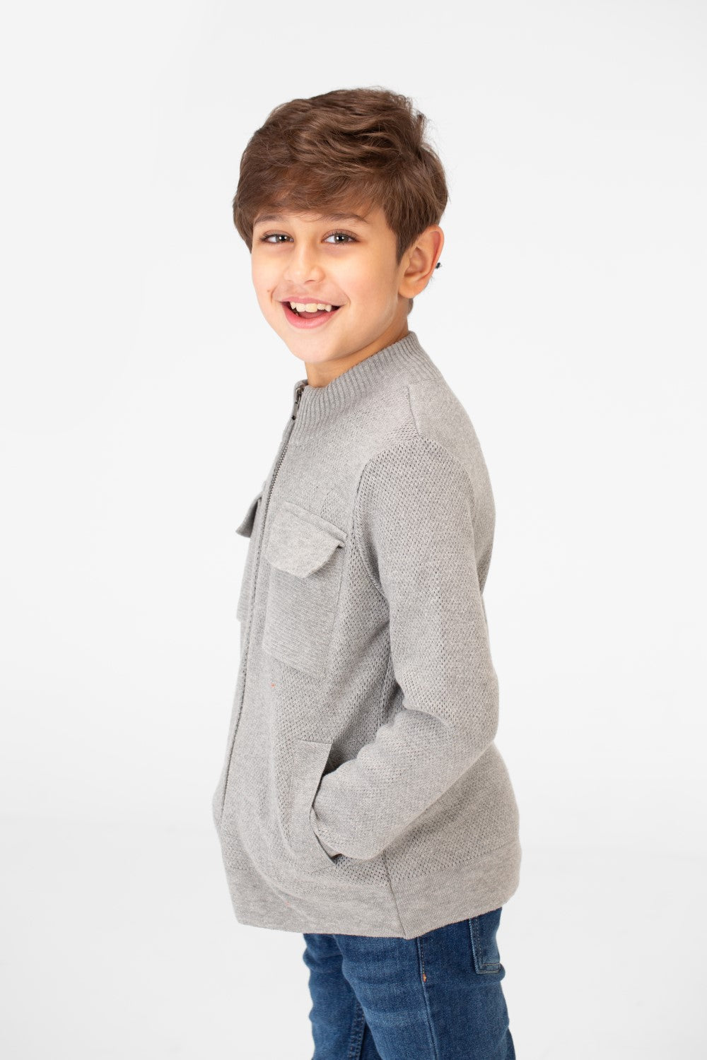 Boy's Cotton Pullover With Full Zip Closure And Pockets