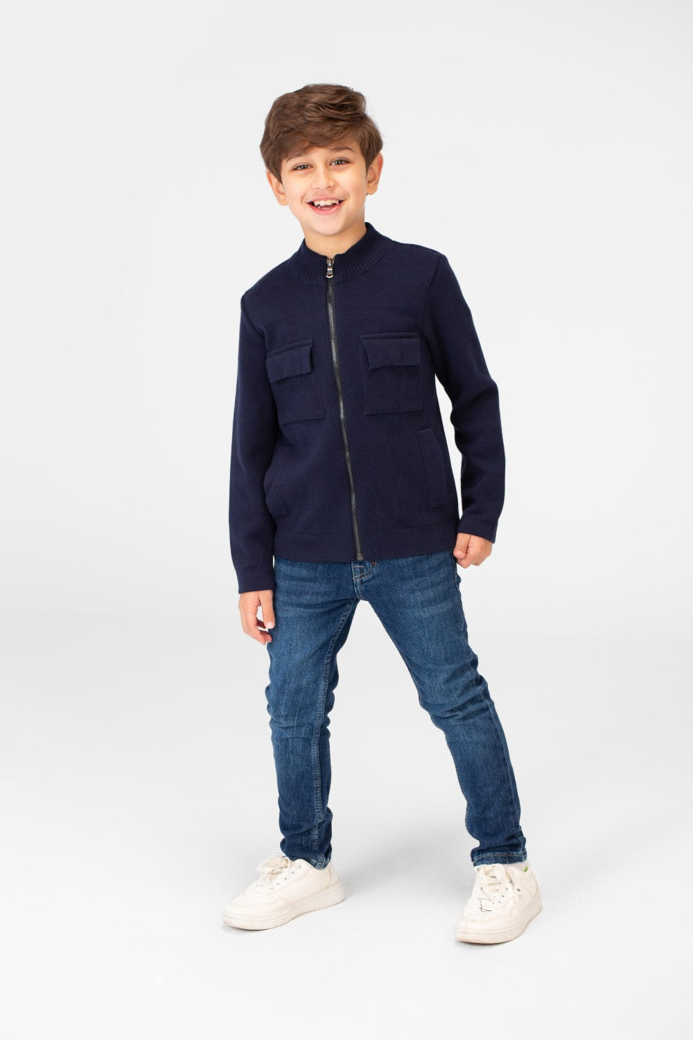 Boy's Cotton Pullover With Full Zip Closure And Pockets