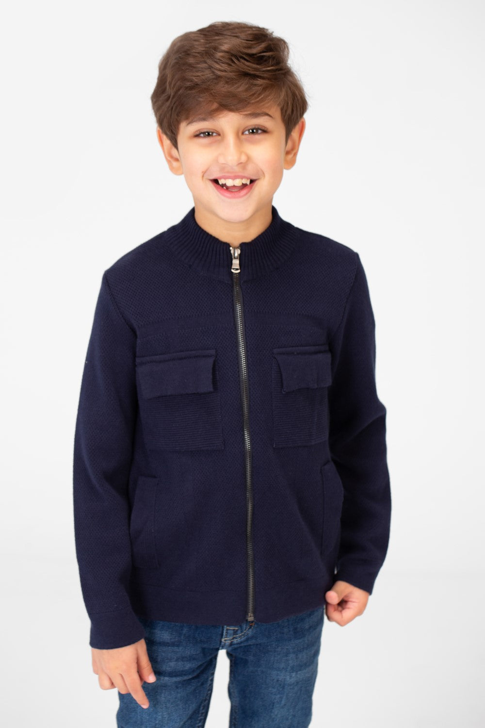 Boy's Cotton Pullover With Full Zip Closure And Pockets