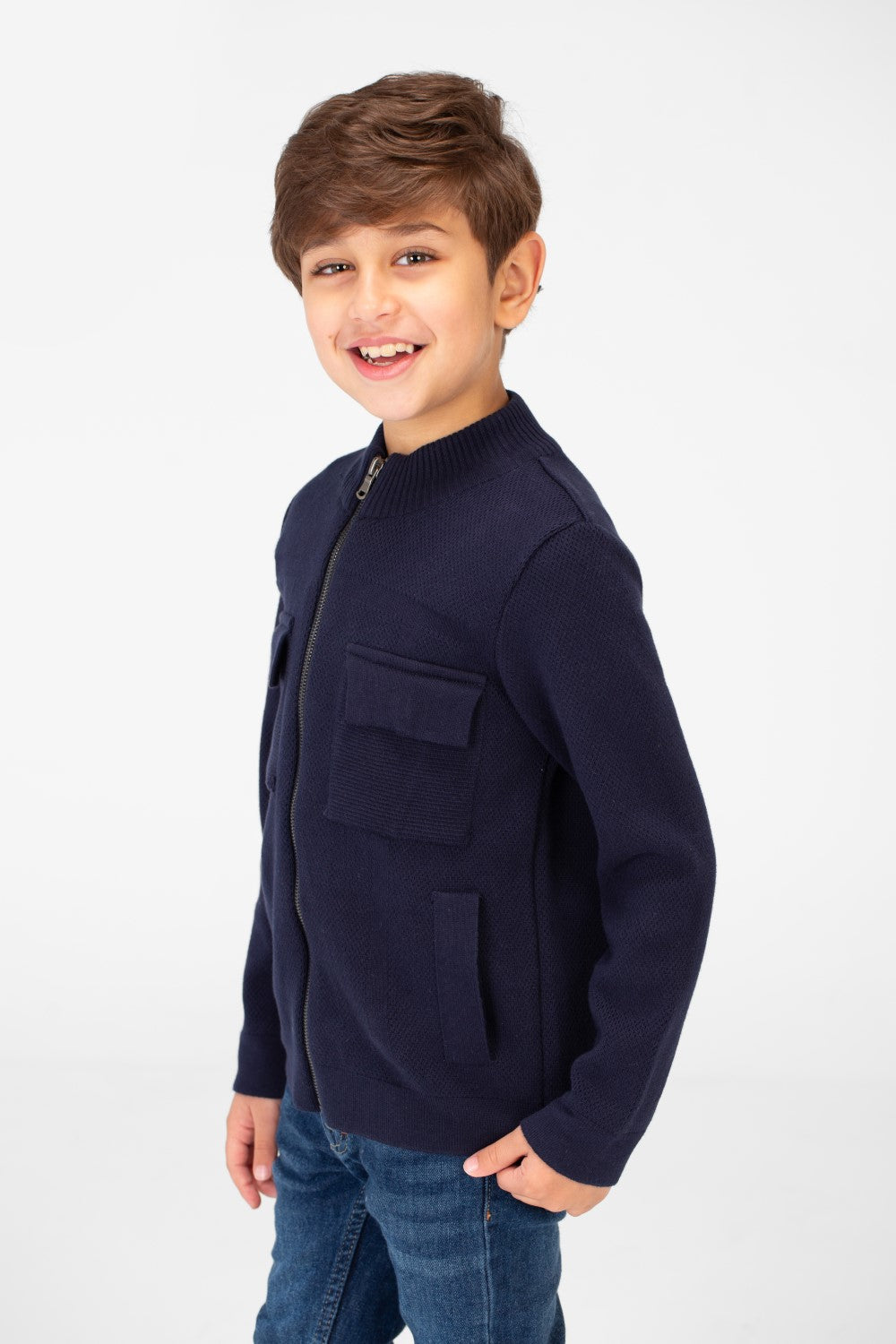 Boy's Cotton Pullover With Full Zip Closure And Pockets