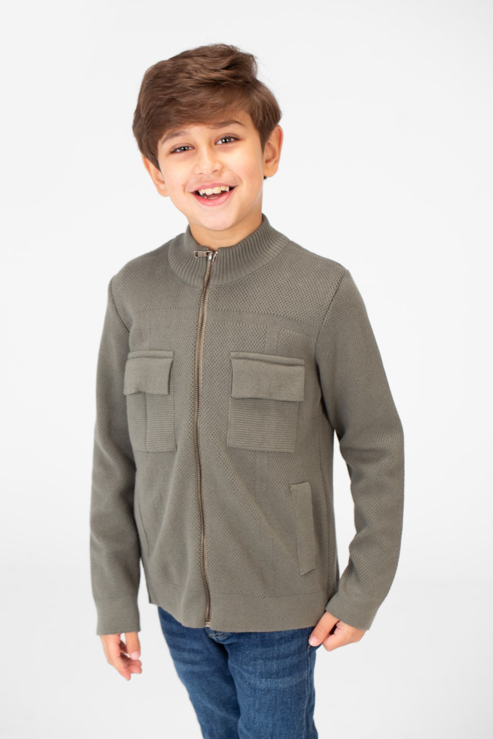 Boy's Cotton Pullover With Full Zip Closure And Pockets