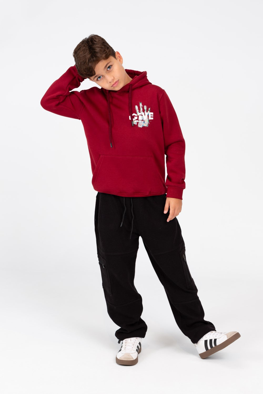 Boy's Hoodie Sweatshirt With Front Pocket In Practical Melton Material