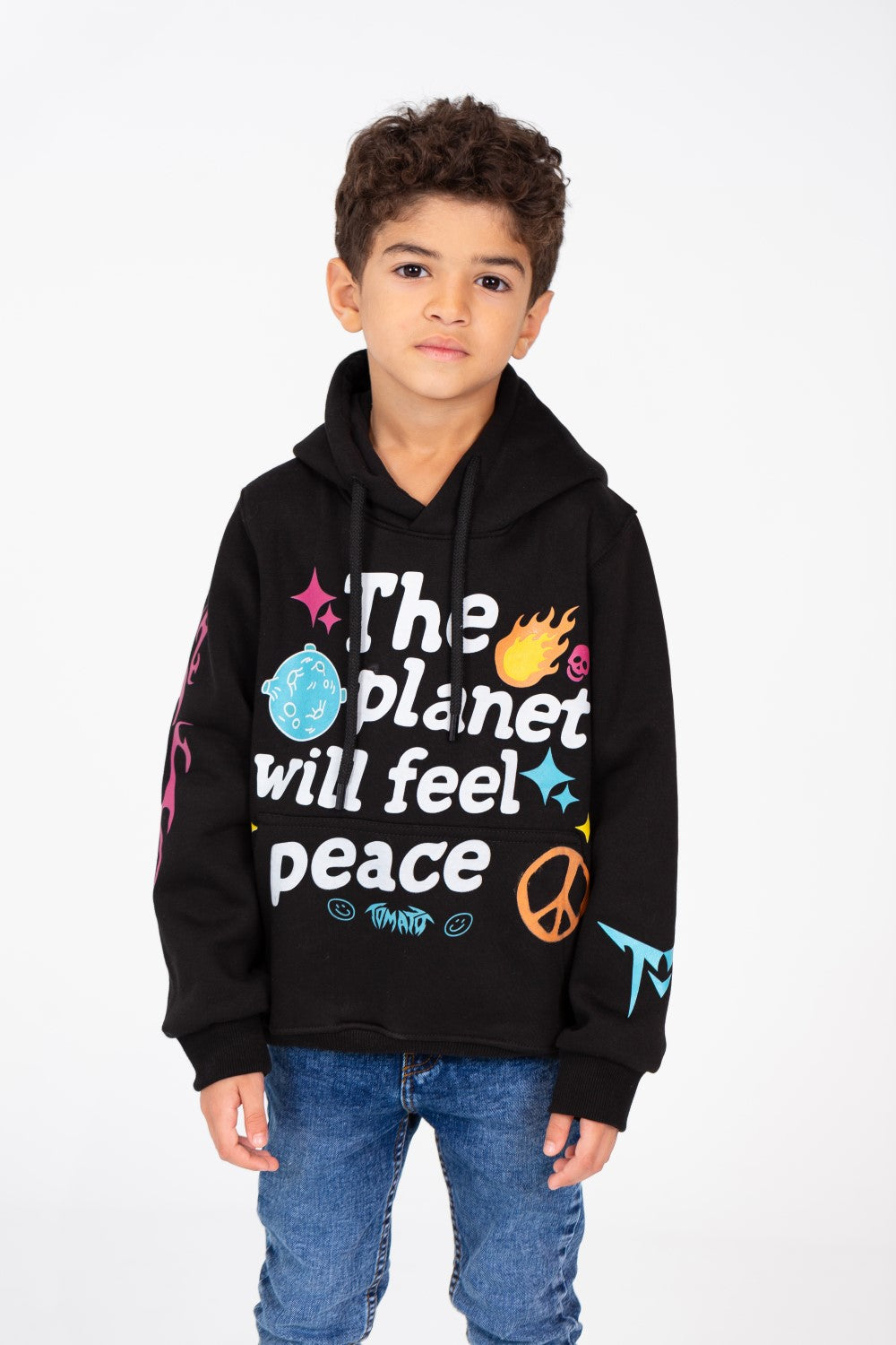 Boy's Hood Sweatshirt With Full Print In Melton Material