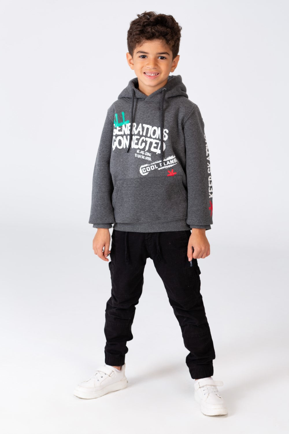 Boy's Printed Hoodie Sweatshirt With A kangaroo Pocket On The Front In Melton Material