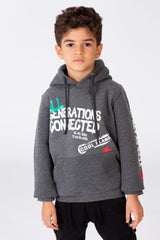Boy's Printed Hoodie Sweatshirt With A kangaroo Pocket On The Front In Melton Material