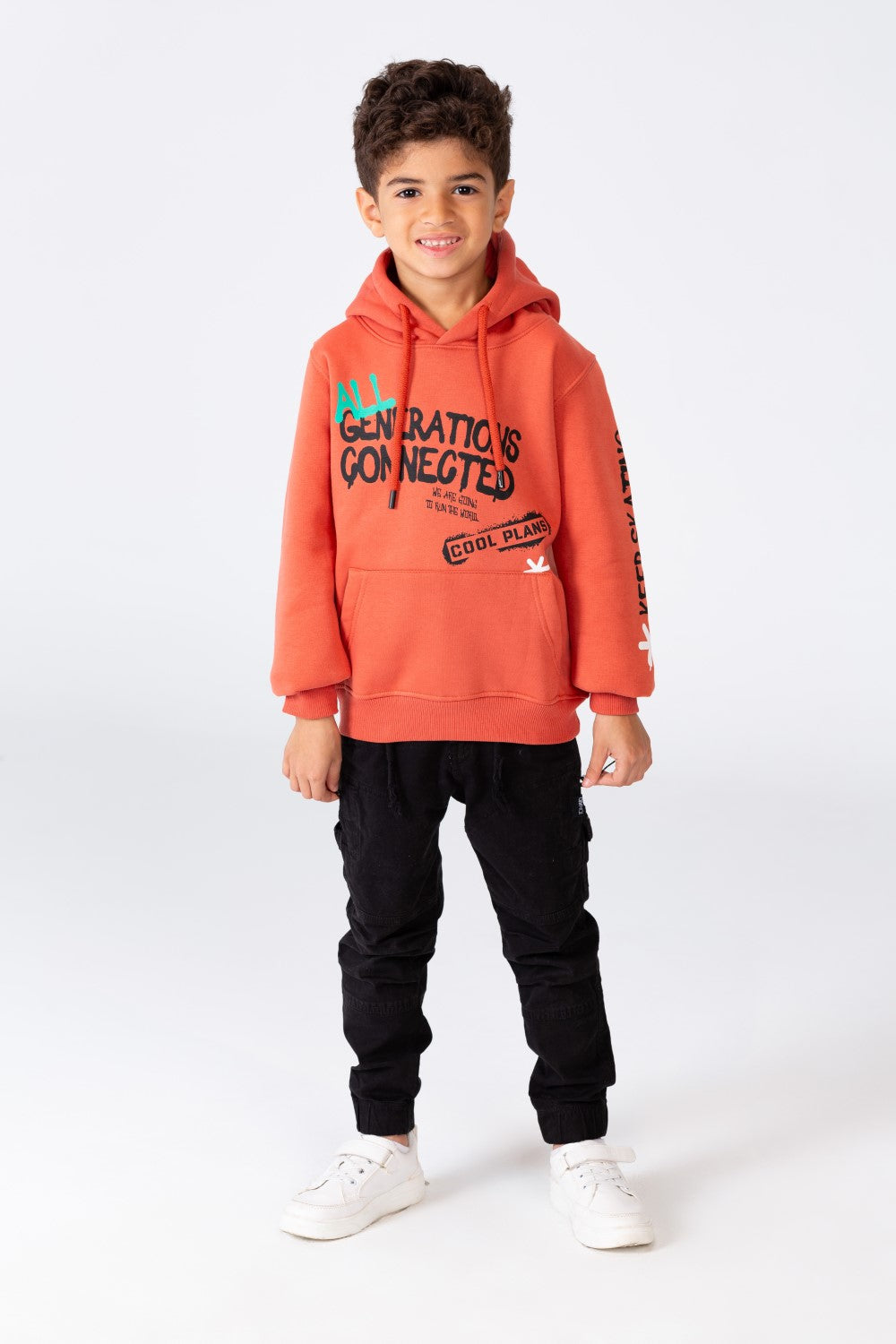Boy's Printed Hoodie Sweatshirt With A kangaroo Pocket On The Front In Melton Material
