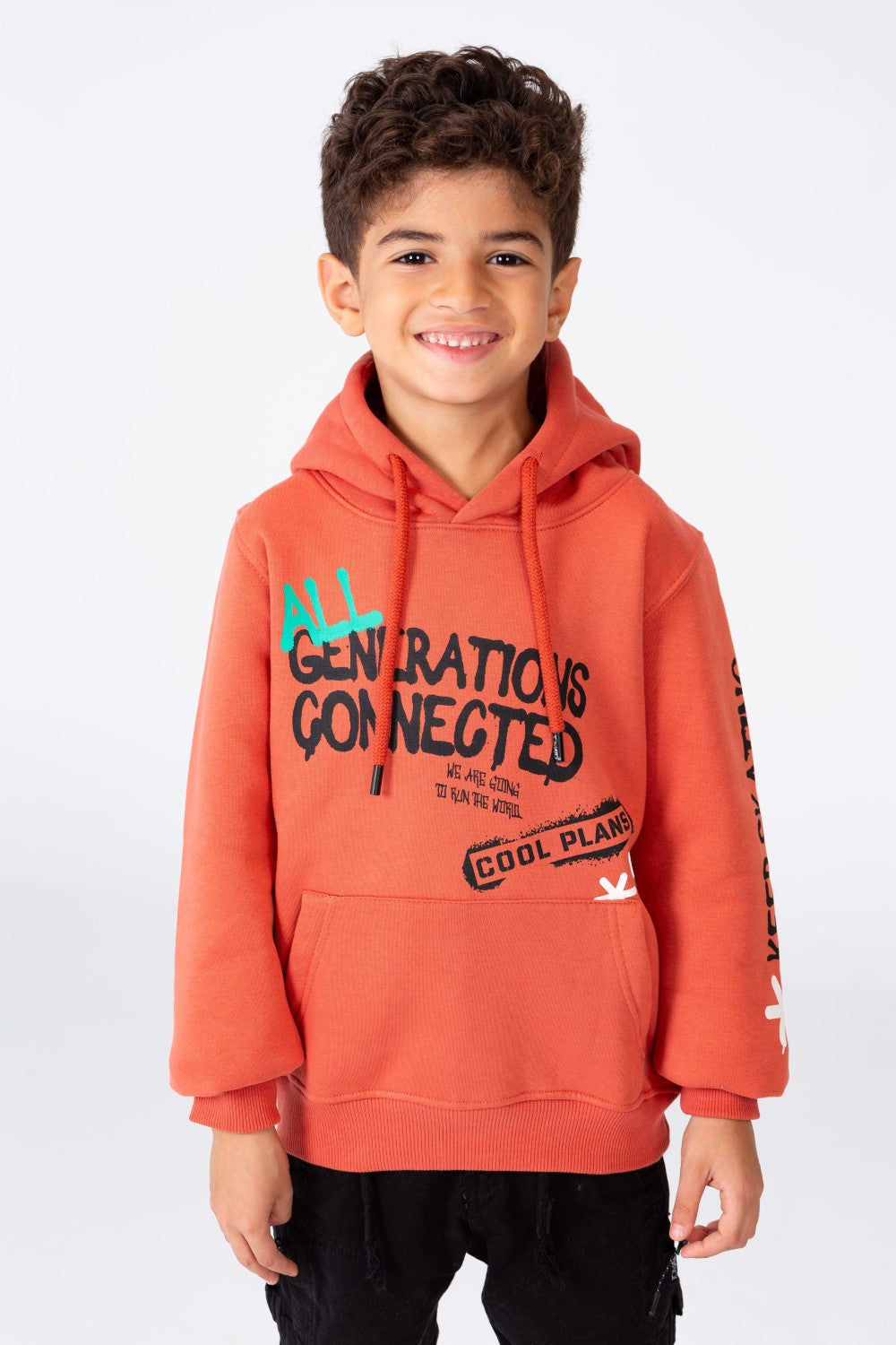 Boy's Printed Hoodie Sweatshirt With A kangaroo Pocket On The Front In Melton Material