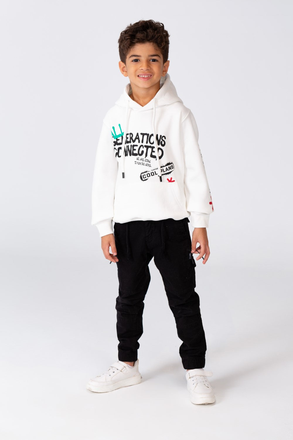 Boy's Printed Hoodie Sweatshirt With A kangaroo Pocket On The Front In Melton Material