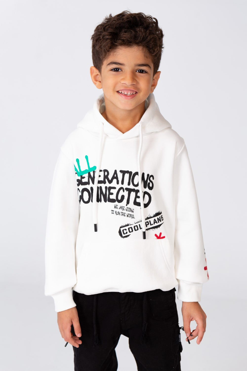Boy's Printed Hoodie Sweatshirt With A kangaroo Pocket On The Front In Melton Material