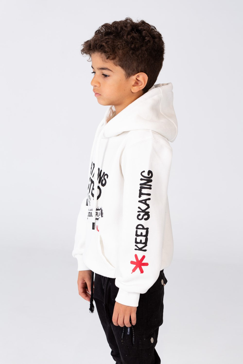 Boy's Printed Hoodie Sweatshirt With A kangaroo Pocket On The Front In Melton Material