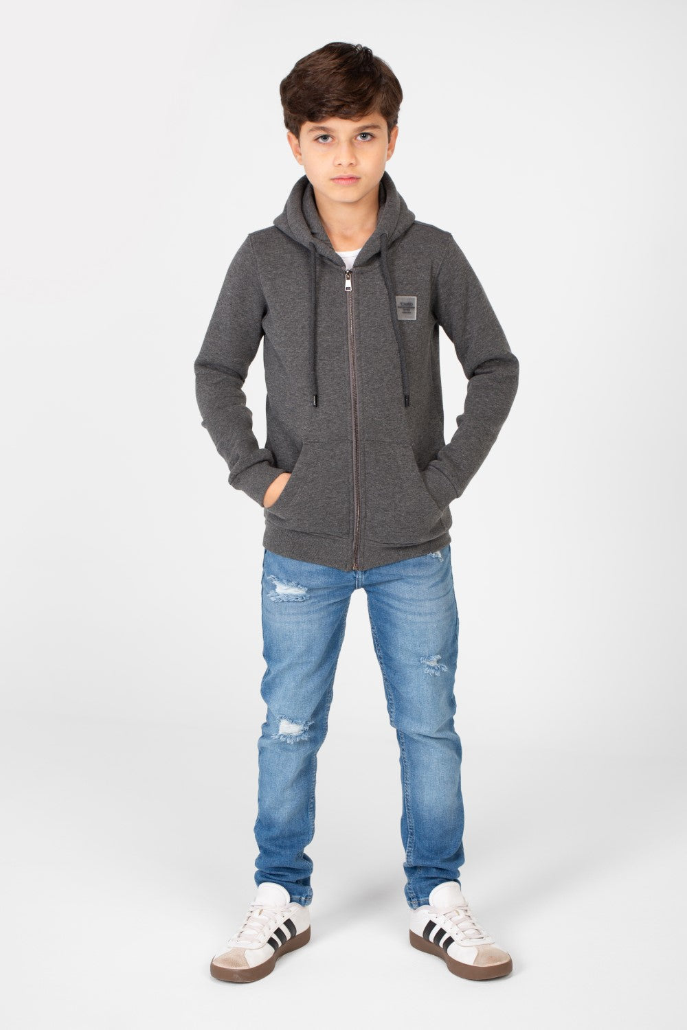 سويت شيرت بغطاء رأس أساسي بسحاب كامل وجيوب للأولاد