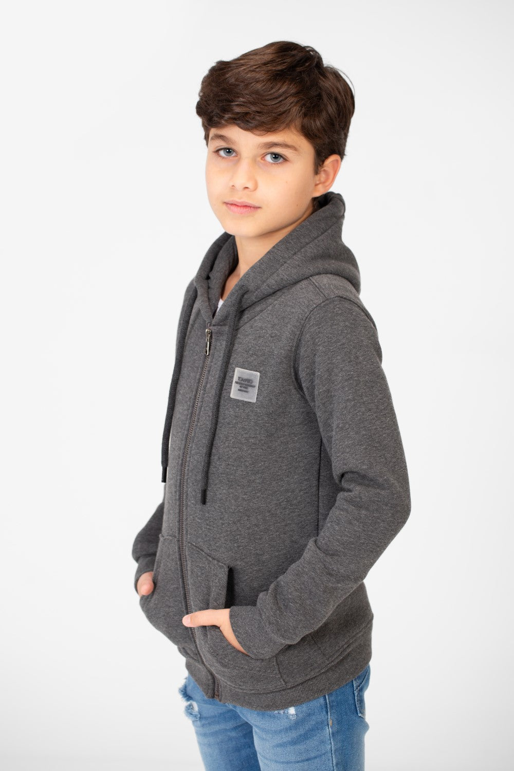 سويت شيرت بغطاء رأس أساسي بسحاب كامل وجيوب للأولاد