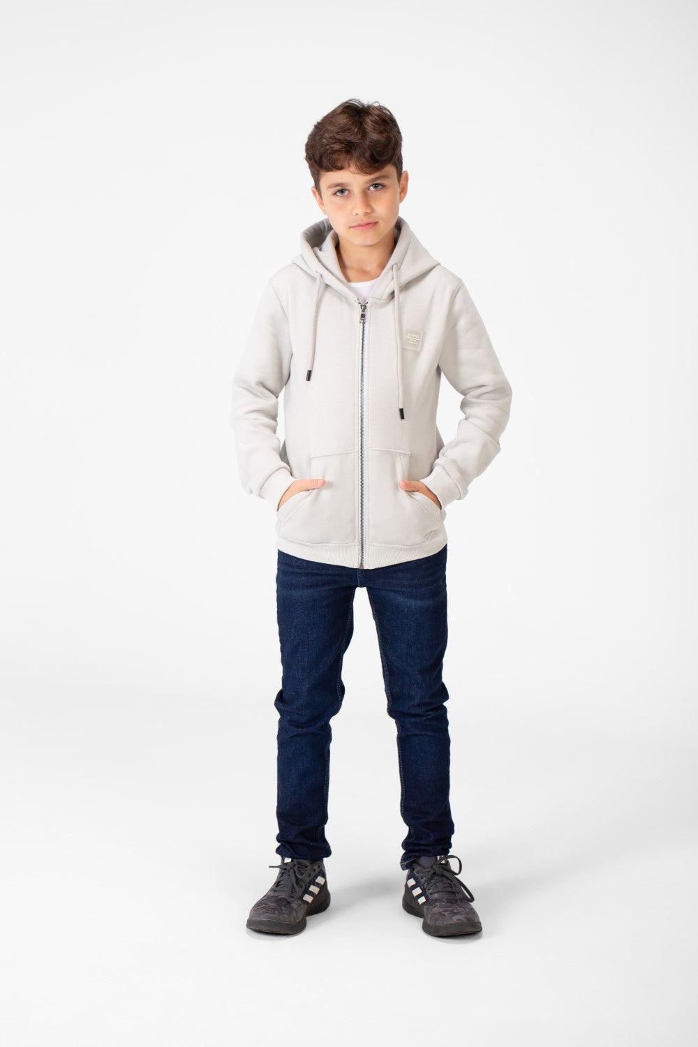 سويت شيرت بغطاء رأس أساسي بسحاب كامل وجيوب للأولاد