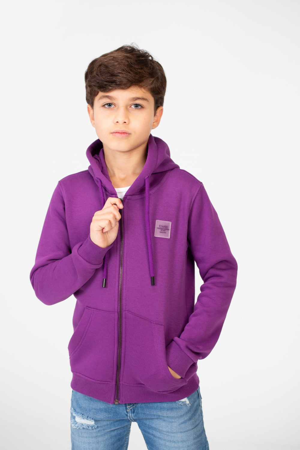 سويت شيرت بغطاء رأس أساسي بسحاب كامل وجيوب للأولاد