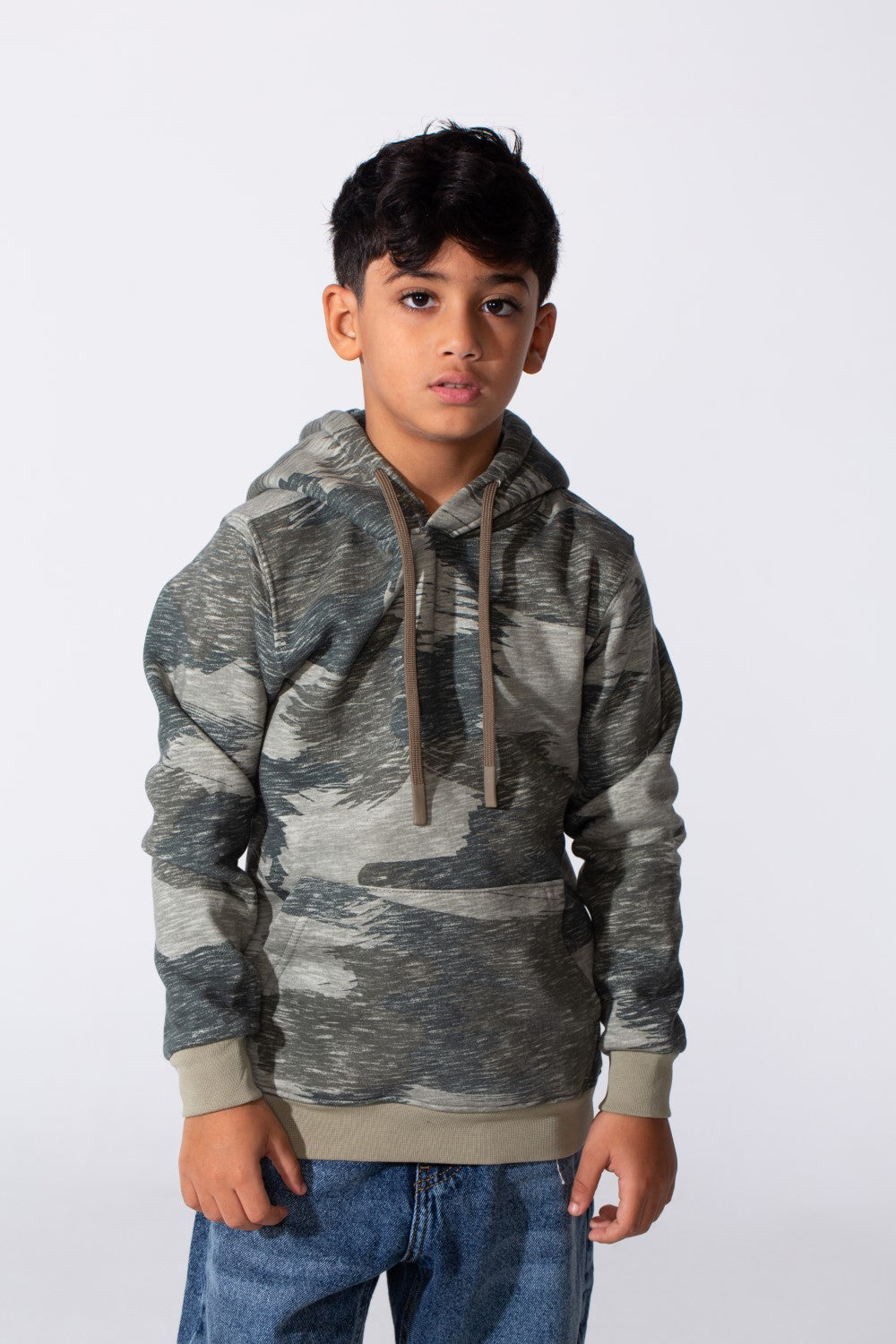Boy's Slim Fit Long Sleeved Camo Melton Sweatshirt With Hood
