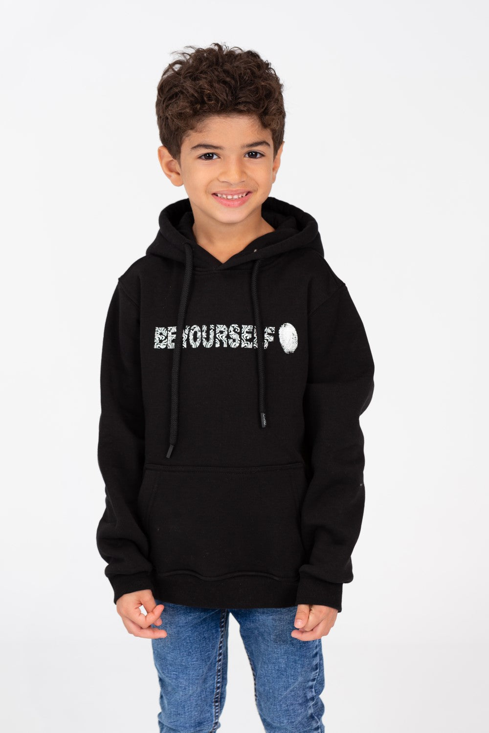 Boy's Long Sleeved Hooded Sweatshirt With Text Print On The Front